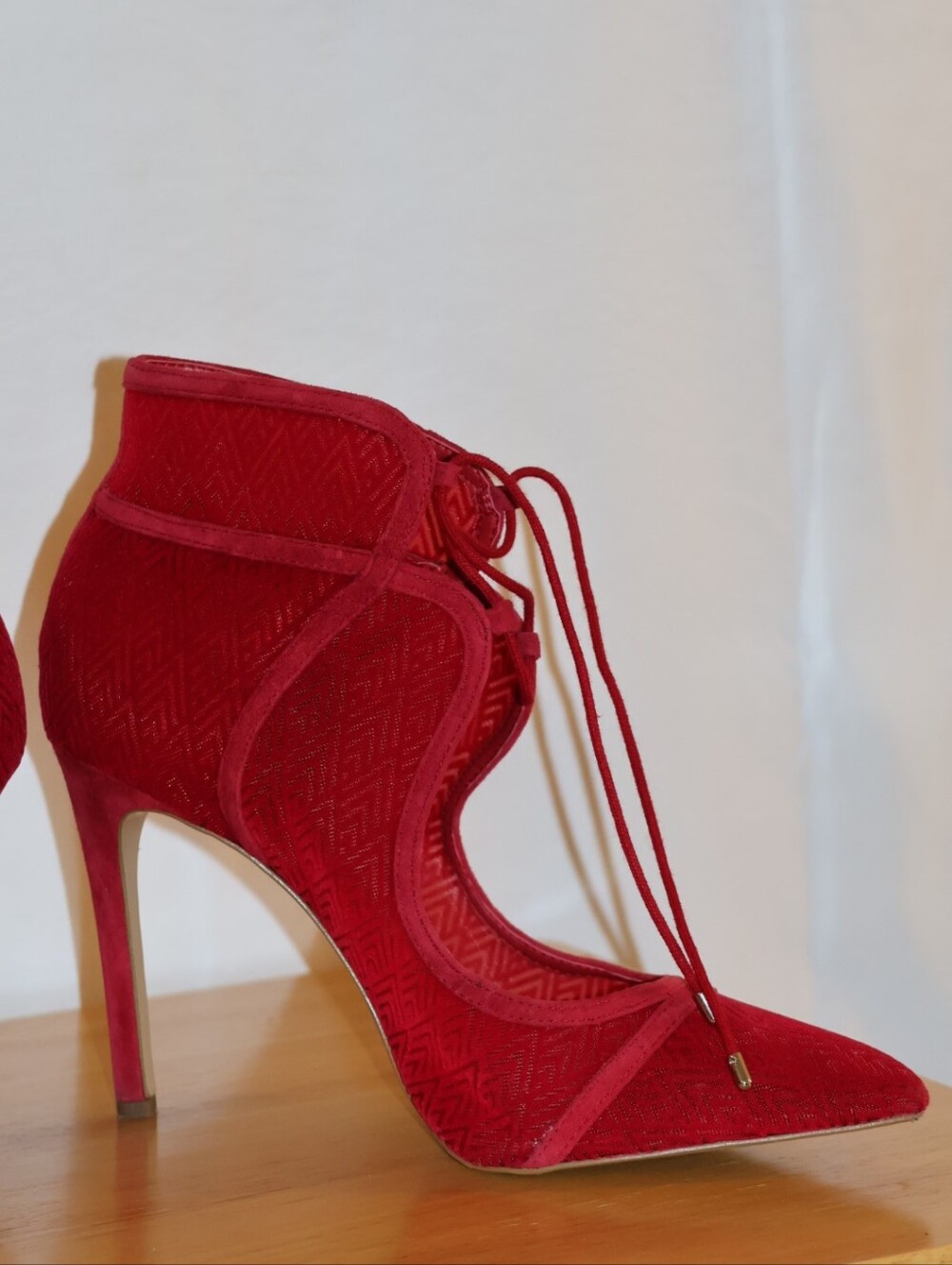 Gianni Bini Red Lace-Up Pointed Toe Stiletto Ankle Booties - Picture 13 of 13